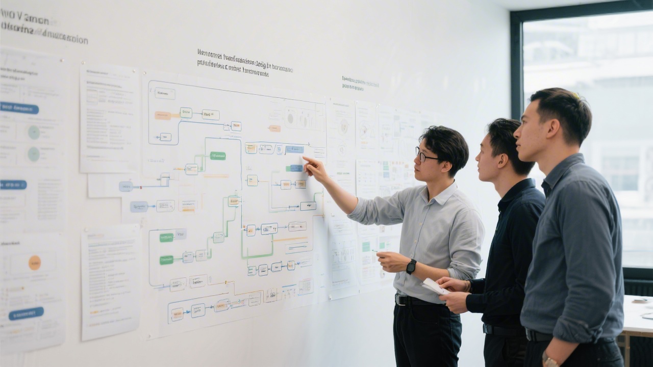 Team members reviewing a wall of printed user flows and product journey maps, highlighting a collaborative workflow that combines design thinking and engineering decisions.