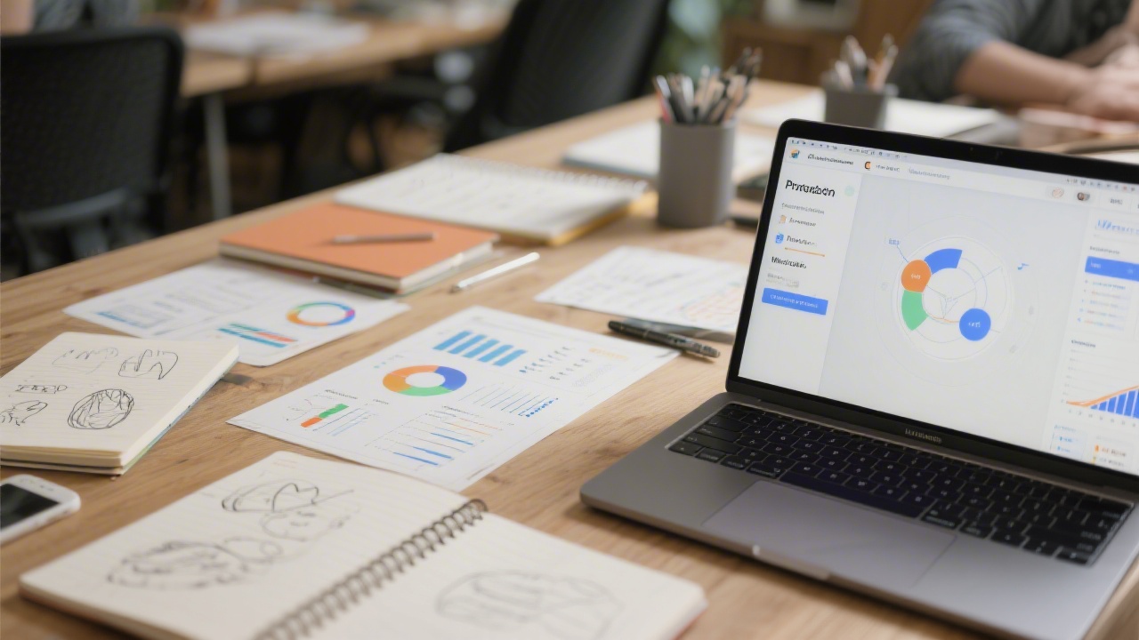 Close-up of workshop desk with notebooks, UX sketches, analytics dashboards and a laptop showing a prototype, highlighting a connected curriculum for MVP development.