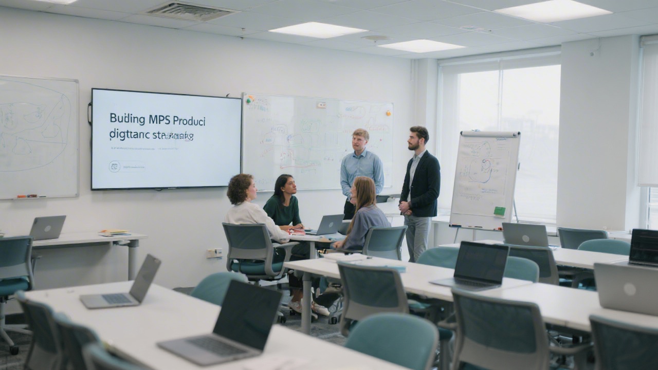 Modern training space with laptops, whiteboards, and a small team discussing product strategy, showing a calm professional environment focused on building MVPs and digital skills.