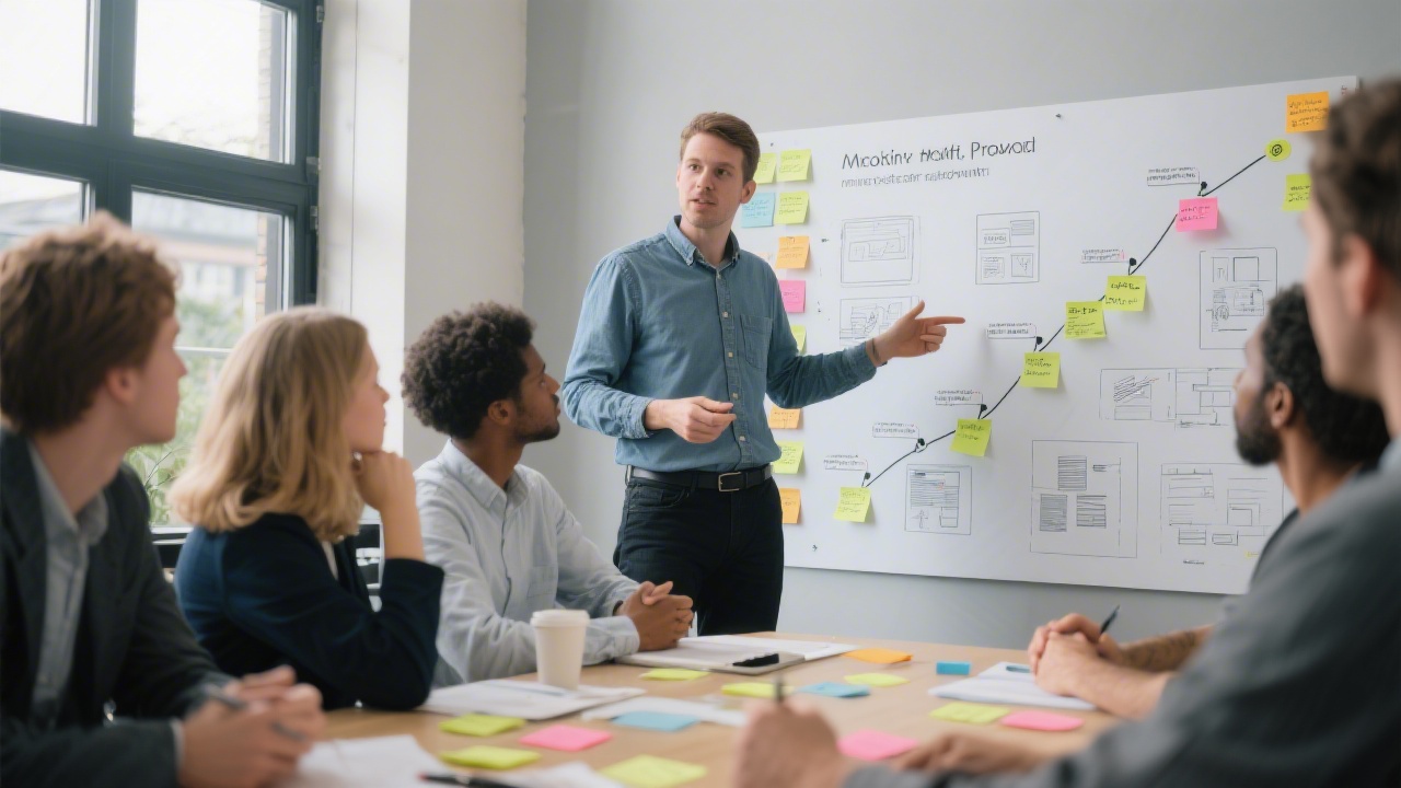 Facilitator leading a small group workshop with sticky notes, product roadmap and wireframes, demonstrating a structured MVP process with collaboration and clear steps.