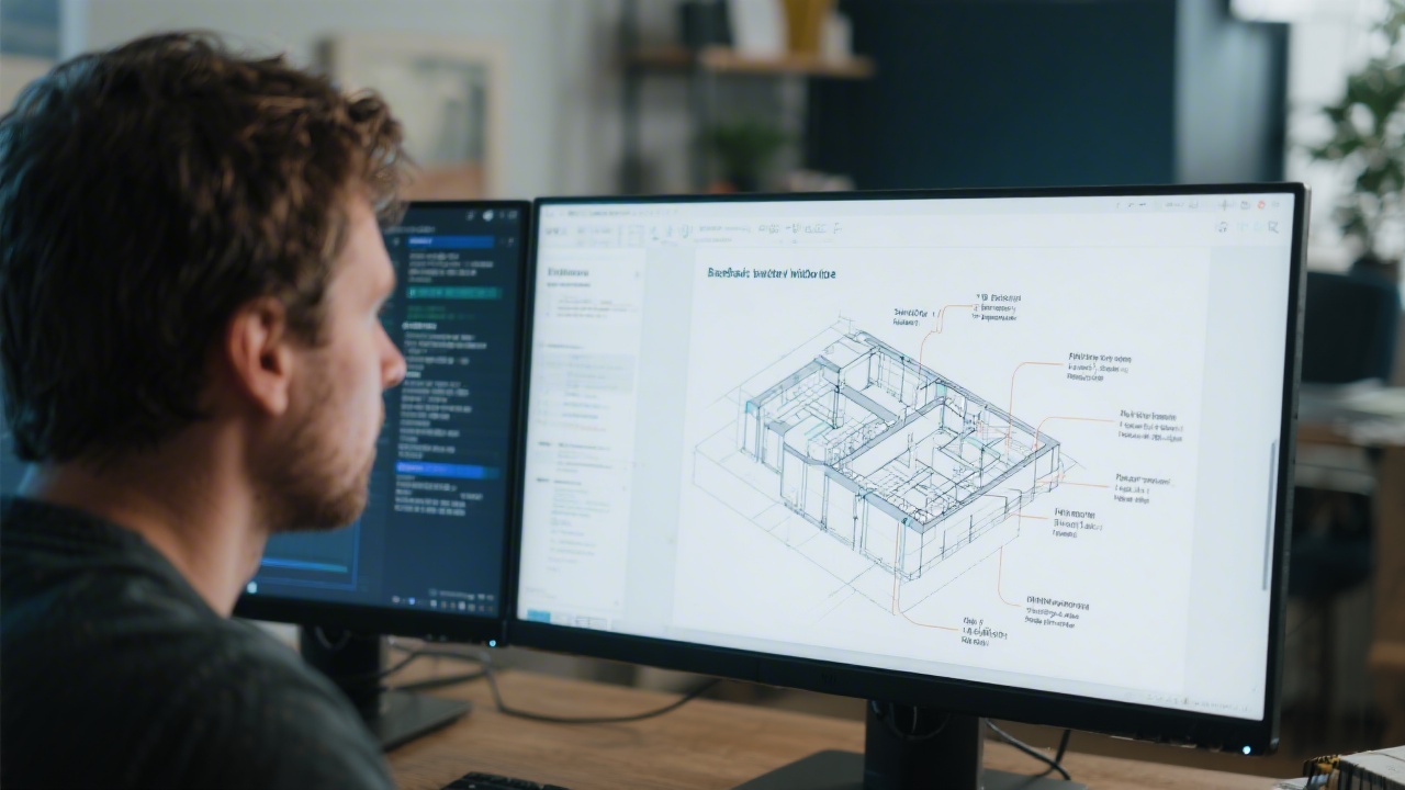 Developer reviewing a codebase with architectural diagrams on a second monitor, illustrating a structured approach to building a minimum viable product for web applications.