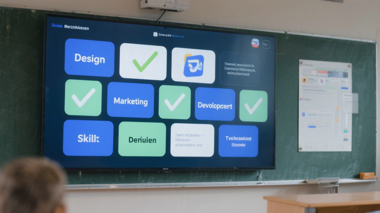 Grid of digital skill cards on a large screen showing design, marketing and development topics with checkmarks, presenting a structured learning system in a modern Czech classroom.